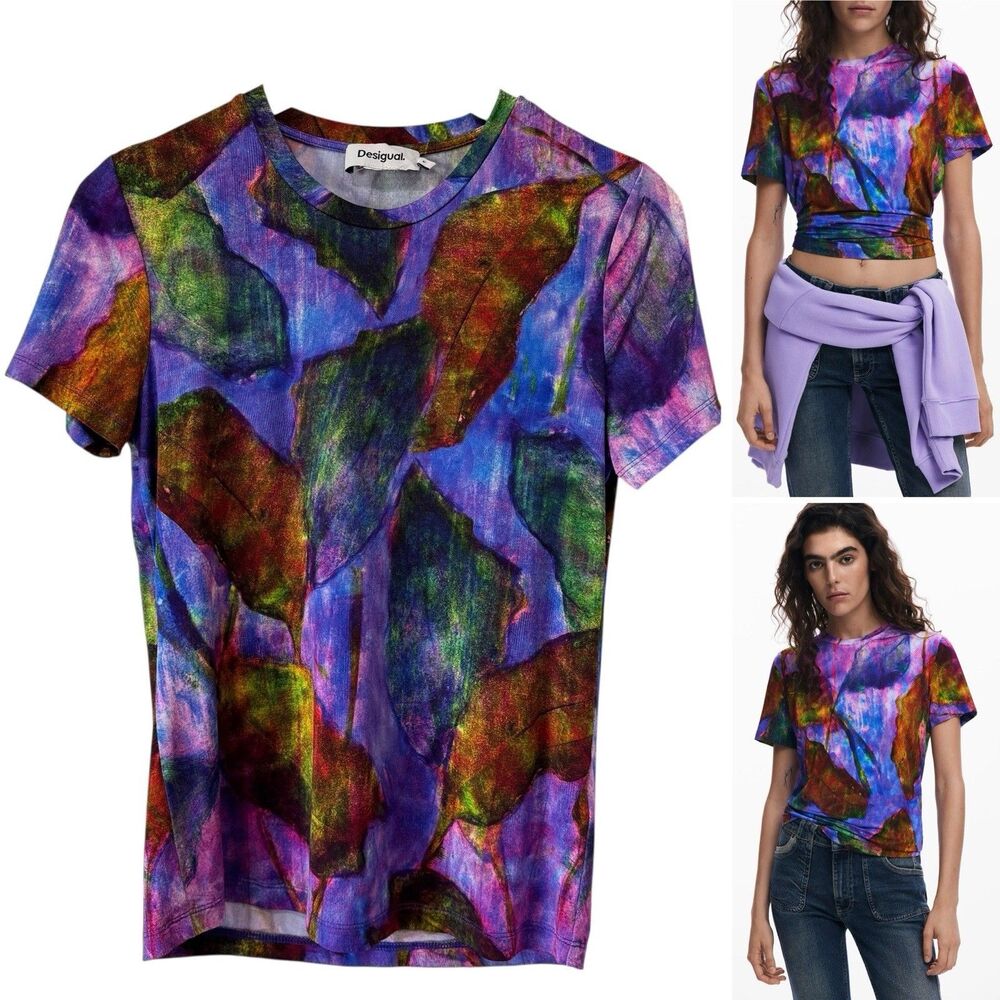 Desigual Spandex Stretch Leaf Print Short Sleeve Top Medium PRISTINE
